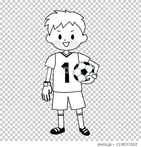 Goalkeeper boy holding a soccer ball Line drawing illustration Goalkeeper boy holding a soccer ball Line drawing illustration 119833382