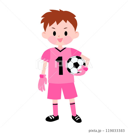 ピンクのユニフォームを着てサッカーボールを持つゴールキーパーの男の子 ピンクのユニフォームを着てサッカーボールを持つゴールキーパーの男の子 119833383