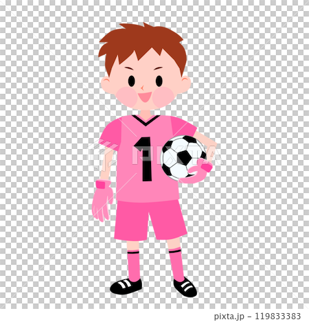 Goalkeeper boy wearing a pink uniform and holding a soccer ball 119833383