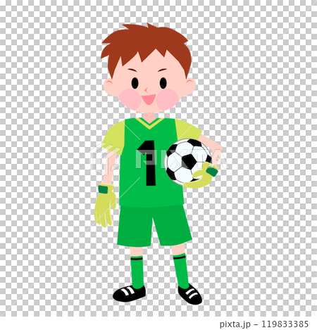穿著綠色足球製服的守門員男孩 119833385