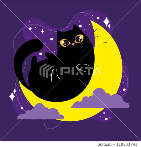 Playful black cat lounging on crescent moon, Vector 119833743