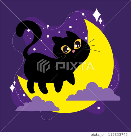 Black cat standing on crescent moon with stars, Vector Black cat standing on crescent moon with stars, Vector 119833745