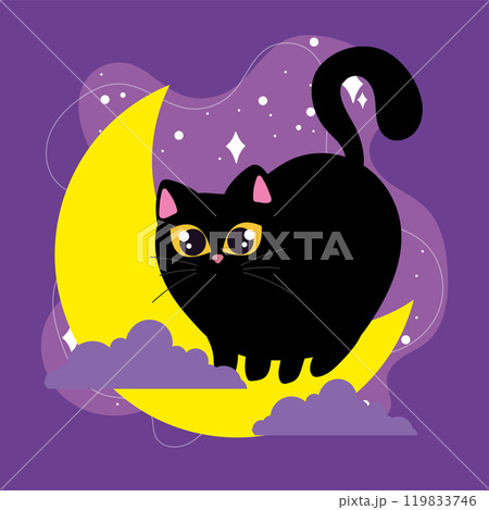 Cute black cat sitting on crescent moon, Vector 119833746