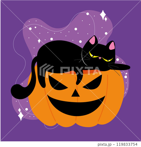 Black cat lounging on a jack-o'-lantern pumpkin, Vector Black cat lounging on a jack-o'-lantern pumpkin, Vector 119833754