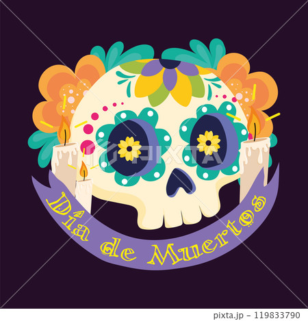 Decorative Day of the Dead sugar skull with flowers, Vector 119833790