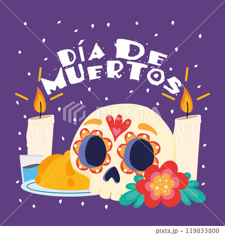 Day of the Dead altar with skull, candles, and bread, Vector Day of the Dead altar with skull, candles, and bread, Vector 119833800
