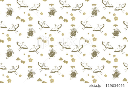 松竹梅鶴と鶴亀のパターン  金色 背景 慶事 壁紙  119834063