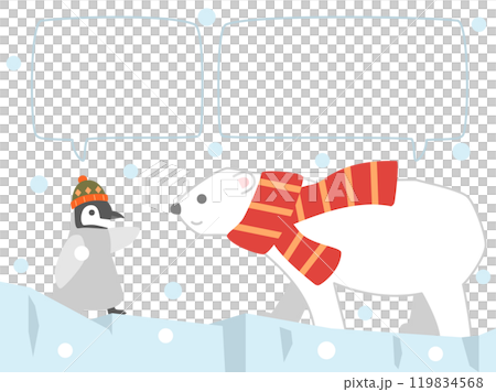 Illustration of a cute polar bear wearing a red scarf and a penguin wearing a hat walking on a glacier with speech bubbles Illustration of a cute polar bear wearing a red scarf and a penguin wearing a hat walking on a glacier with speech bubbles 119834568