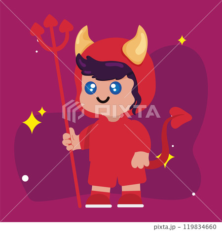 Adorable devil costume for kids with horns and trident Vector Adorable devil costume for kids with horns and trident Vector 119834660