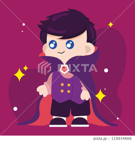 Kid in cute vampire costume with fangs and cape Vector 119834666