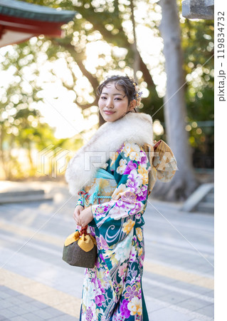 神社でお参りする晴れ着の若い女性 神社でお参りする晴れ着の若い女性 119834732