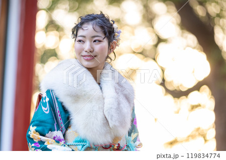 神社でお参りする晴れ着の若い女性 神社でお参りする晴れ着の若い女性 119834774