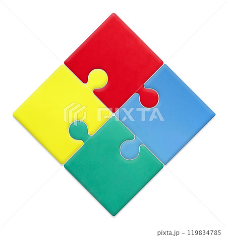 立体的な赤、黄、緑、青の4つのピースが合わさったパズルのシンボル 立体的な赤、黄、緑、青の4つのピースが合わさったパズルのシンボル 119834785
