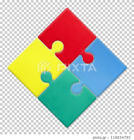 立体的な赤、黄、緑、青の4つのピースが合わさったパズルのシンボル 立体的な赤、黄、緑、青の4つのピースが合わさったパズルのシンボル 119834785