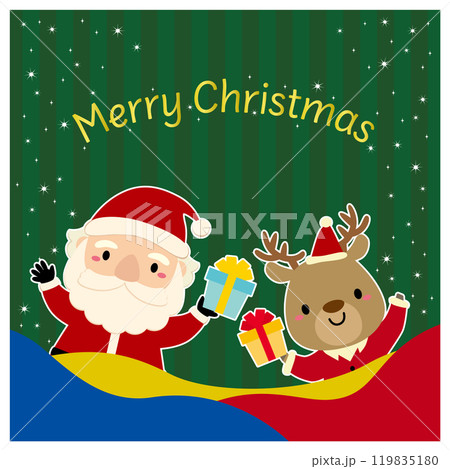 かわいいサンタクロースとトナカイのクリスマスバナー/正方形・緑ストライプ 119835180