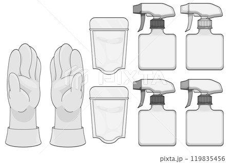 ゴム手袋とカラフルなスプレーボトルのセット 119835456