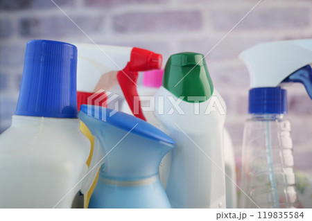 A wide variety of Cleaning Products beautifully arranged on Display for everyone to see A wide variety of Cleaning Products beautifully arranged on Display for everyone to see 119835584