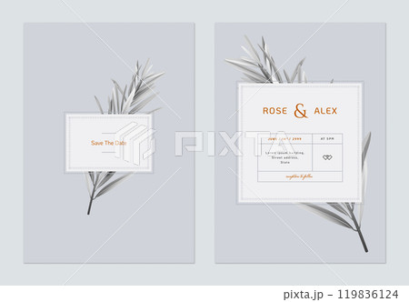 Minimalist wedding invitation card template design, bottle brush branch in grey tones 119836124