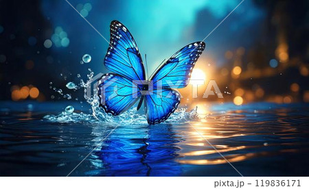 セレナイト水色♡蝶々♡♡No.2178 青色の蝶が水面で飛ぶ神秘的な様子 生成AI画像のイラスト素材