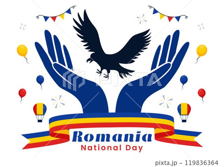 Romania National Day Illustration featuring the Romanian Flag Waving in Celebration of the Great Union Memorial Holiday, with a Festive Background 119836364