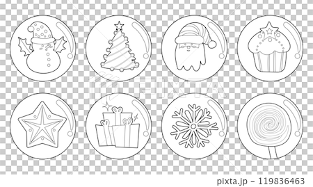 Set of isolated Christmas and New Year label in cute doodle style on transparent background. Volume 8 : Black outline with white plain. 119836463