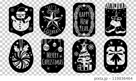 Set of isolated Christmas and New Year label in cute doodle style on transparent background. Volume 9 : Black silhouette. 119836464