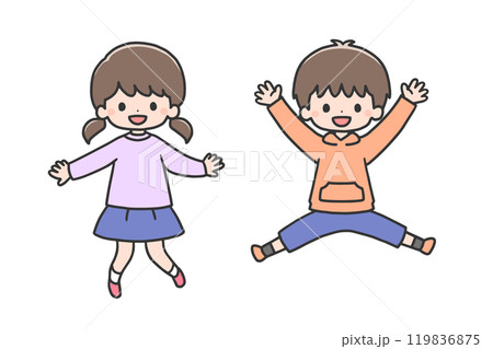 笑顔でジャンプする男の子と女の子 119836875