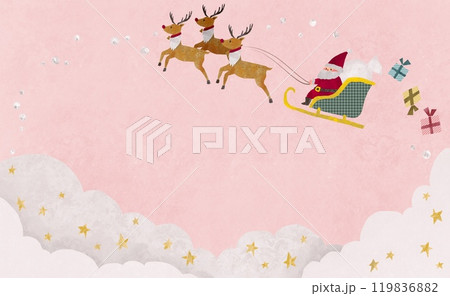 サンタクロースがソリに乗っているピンク色背景のガーリーなクリスマスイメージイラスト 119836882