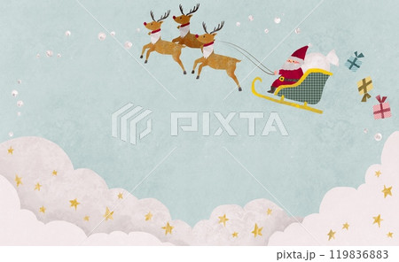 サンタクロースが空を飛ぶファンタジックなクリスマスイメージイラスト サンタクロースが空を飛ぶファンタジックなクリスマスイメージイラスト 119836883