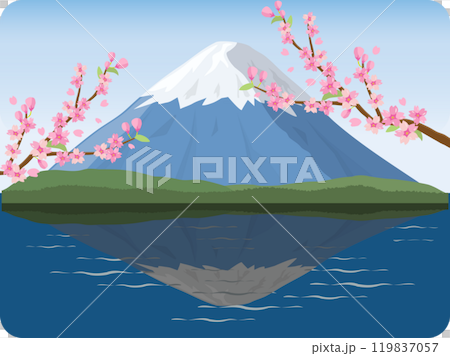 Mount Fuji with lake and cherry blossoms Mount Fuji with lake and cherry blossoms 119837057