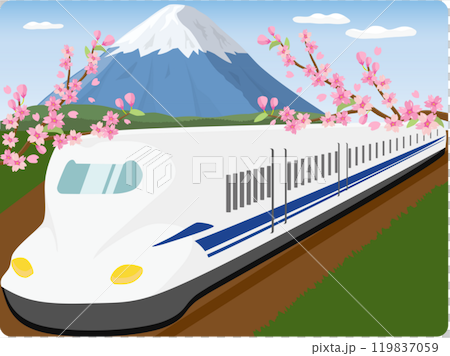 Shinkansen and Mt. Fuji with cherry blossoms 119837059