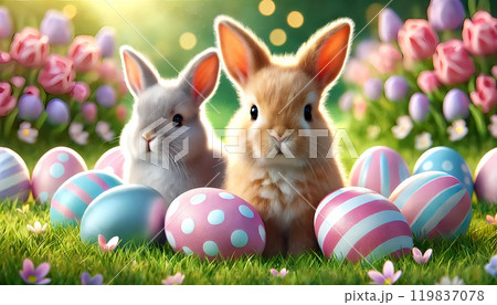 イースター；うさぎとカラフルなイースターエッグ 119837078