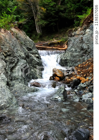 豪雨で堆積していた砂礫が流され本来の河床が現れた 119837086