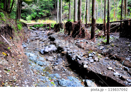 豪雨で、それまでに堆積していた砂礫が流され本来の河床が現れた 119837092