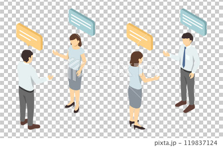 Isometric illustration: Men and women having a conversation (suit summer) Isometric illustration: Men and women having a conversation (suit summer) 119837124