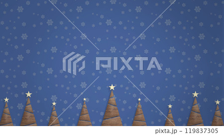 茶色い木目柄のクリスマスツリーが並ぶ雪の結晶柄の紺色の背景 茶色い木目柄のクリスマスツリーが並ぶ雪の結晶柄の紺色の背景 119837305