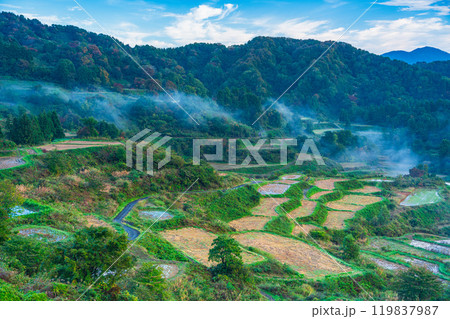 【新潟県】霧が発生した秋の星峠・棚田 119837987