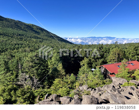 高見石から高見石小屋と中央アルプスを望む 119838058