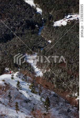 八ヶ岳連峰・文三郎道を下る登山者と行者小屋 八ヶ岳連峰・文三郎道を下る登山者と行者小屋 119838095