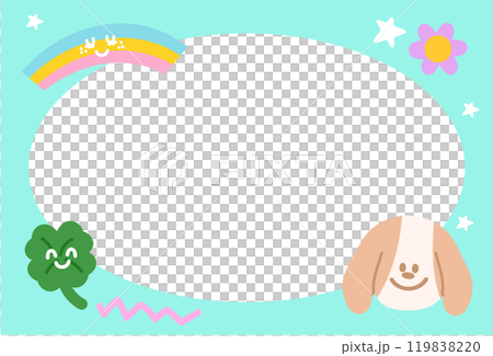 Cute pastel frame with puppy, rainbow, clover leaf for polaroid frame, animal, pet shop, vet, social media, post card, rectangle template, sticky note, banner, name tag, spring, summer, dog cartoon Cute pastel frame with puppy, rainbow, clover leaf for polaroid frame, animal, pet shop, vet, social media, post card, rectangle template, sticky note, banner, name tag, spring, summer, dog cartoon 119838220