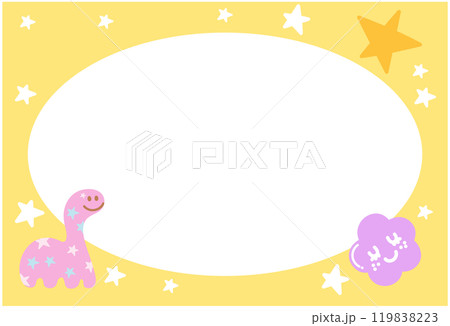 Cute yellow frame with dinosaur, star, flower for polaroid frame, social media post, poster, post card, rectangle template, book cover, sticky note, banner, name tag, zoo, amusement park, animal 119838223