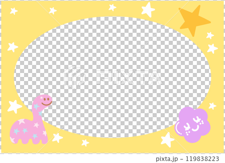 Cute yellow frame with dinosaur, star, flower for polaroid frame, social media post, poster, post card, rectangle template, book cover, sticky note, banner, name tag, zoo, amusement park, animal 119838223