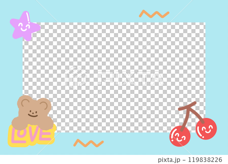 Cute pastel blue frame with teddy bear, cherry, LOVE letters for polaroid frame, animal, zoo, souvenir, social media, post card, rectangle ad template, sticky note, banner, name tag, spring, summer Cute pastel blue frame with teddy bear, cherry, LOVE letters for polaroid frame, animal, zoo, souvenir, social media, post card, rectangle ad template, sticky note, banner, name tag, spring, summer 119838226