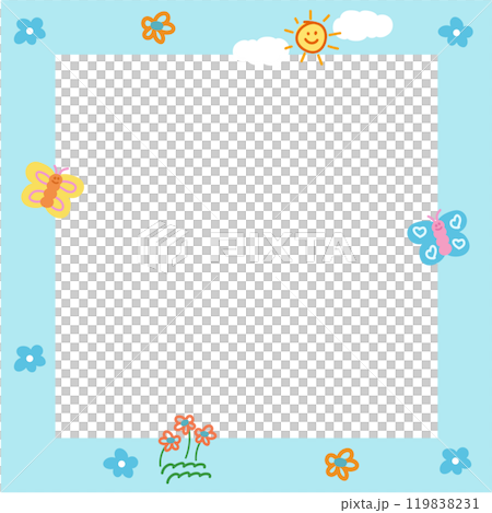 Cute square frame with teddy bear, butterfly, sun for polaroid photo, banner, social media post, ad template, memo, sticky note, notepad, paper design, cook cover, animal print, zoo, souvenir shop Cute square frame with teddy bear, butterfly, sun for polaroid photo, banner, social media post, ad template, memo, sticky note, notepad, paper design, cook cover, animal print, zoo, souvenir shop 119838231