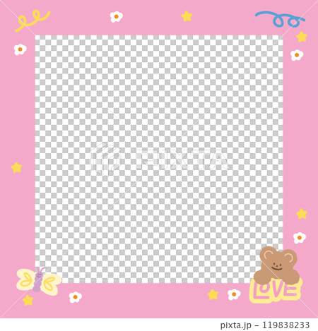 Cute square frame with teddy bear, butterfly, flower for polaroid photo, banner, social media post, ad template, memo, sticky note, notepad, paper design, cook cover, animal print, zoo, souvenir shop 119838233