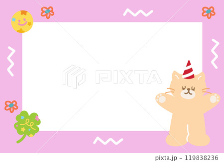 Cute pink frame with cat, party hat, flower, clover leaf for polaroid frame, animal, pet shop, vet, social media, post card, rectangle template, sticky note, banner, name tag, summer, blossom, kitten Cute pink frame with cat, party hat, flower, clover leaf for polaroid frame, animal, pet shop, vet, social media, post card, rectangle template, sticky note, banner, name tag, summer, blossom, kitten 119838236
