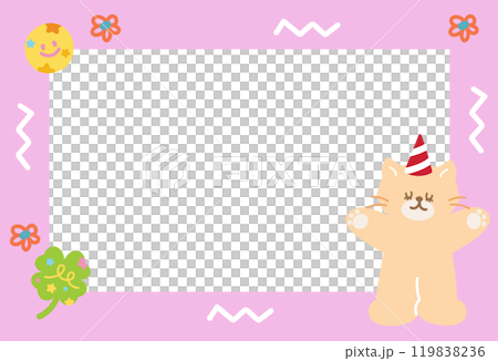 Cute pink frame with cat, party hat, flower, clover leaf for polaroid frame, animal, pet shop, vet, social media, post card, rectangle template, sticky note, banner, name tag, summer, blossom, kitten Cute pink frame with cat, party hat, flower, clover leaf for polaroid frame, animal, pet shop, vet, social media, post card, rectangle template, sticky note, banner, name tag, summer, blossom, kitten 119838236