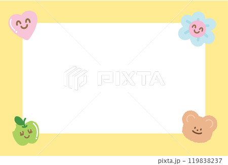 Cute pastel yellow frame with teddy bear, flower, heart, apple for polaroid frame, animal, zoo, souvenir, social media, post card, rectangle ad template, sticky note, banner, name tag, spring, summer Cute pastel yellow frame with teddy bear, flower, heart, apple for polaroid frame, animal, zoo, souvenir, social media, post card, rectangle ad template, sticky note, banner, name tag, spring, summer 119838237