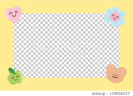 Cute pastel yellow frame with teddy bear, flower, heart, apple for polaroid frame, animal, zoo, souvenir, social media, post card, rectangle ad template, sticky note, banner, name tag, spring, summer Cute pastel yellow frame with teddy bear, flower, heart, apple for polaroid frame, animal, zoo, souvenir, social media, post card, rectangle ad template, sticky note, banner, name tag, spring, summer 119838237