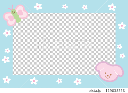 Cute blue frame with puppy, butterfly, flower for polaroid frame, animal, pet shop, social media, post card, rectangle ad template, sticky note, banner, name tag, pet shop, vet, adopt and rescue pet 119838238